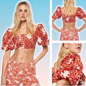 NWT MANGO Daisy Floral Puff Sleeve Cotton Crop Top Size Small